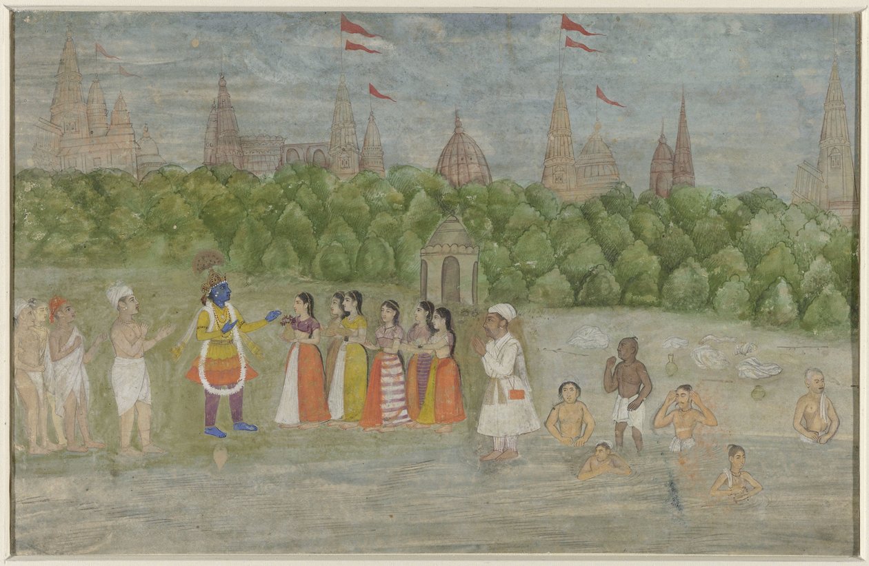 Aan de oever van de Yamuna te Brindaban danst Krishna met de Gopis door Anonymous