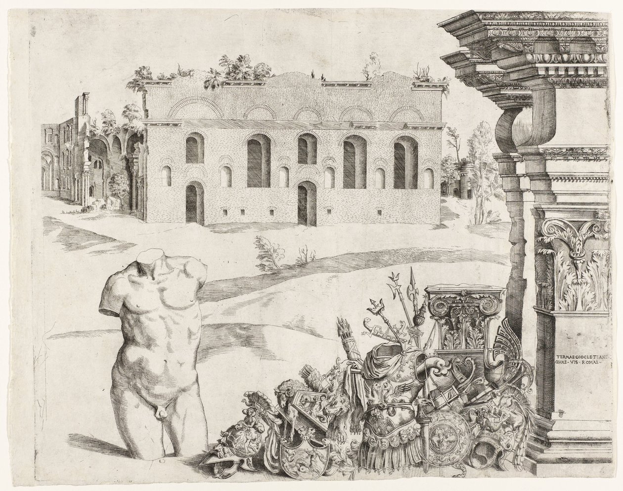 Architectuurcapriccio met spolia, een mannelijke torso en een gezicht op de Thermen van Diocletianus door Anonymous