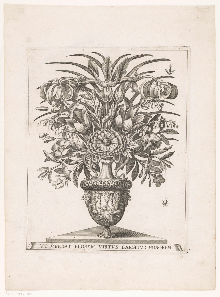 Bloemen in vaas met leeuwenkoppen door Anonymous