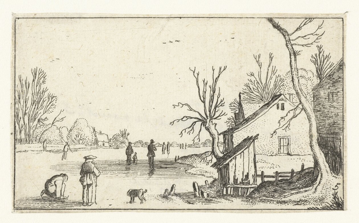 Boerderij bij bevroren rivier met schaatsers op het ijs (Kleine landschappen) door Anonymous