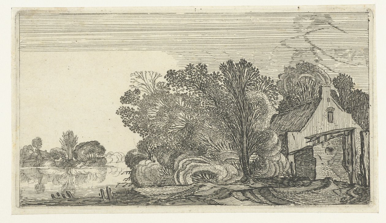 Boerderij tussen bomen aan een rivier door Anonymous