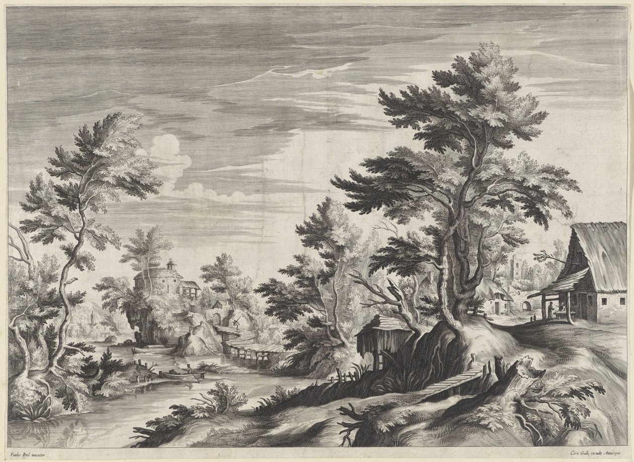 Boomrijk rivierlandschap met enkele gebouwen door Anonymous
