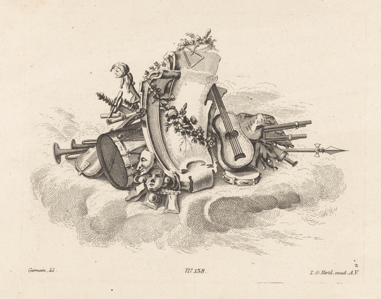 Cartouche met muziekinstrumenten door Anonymous