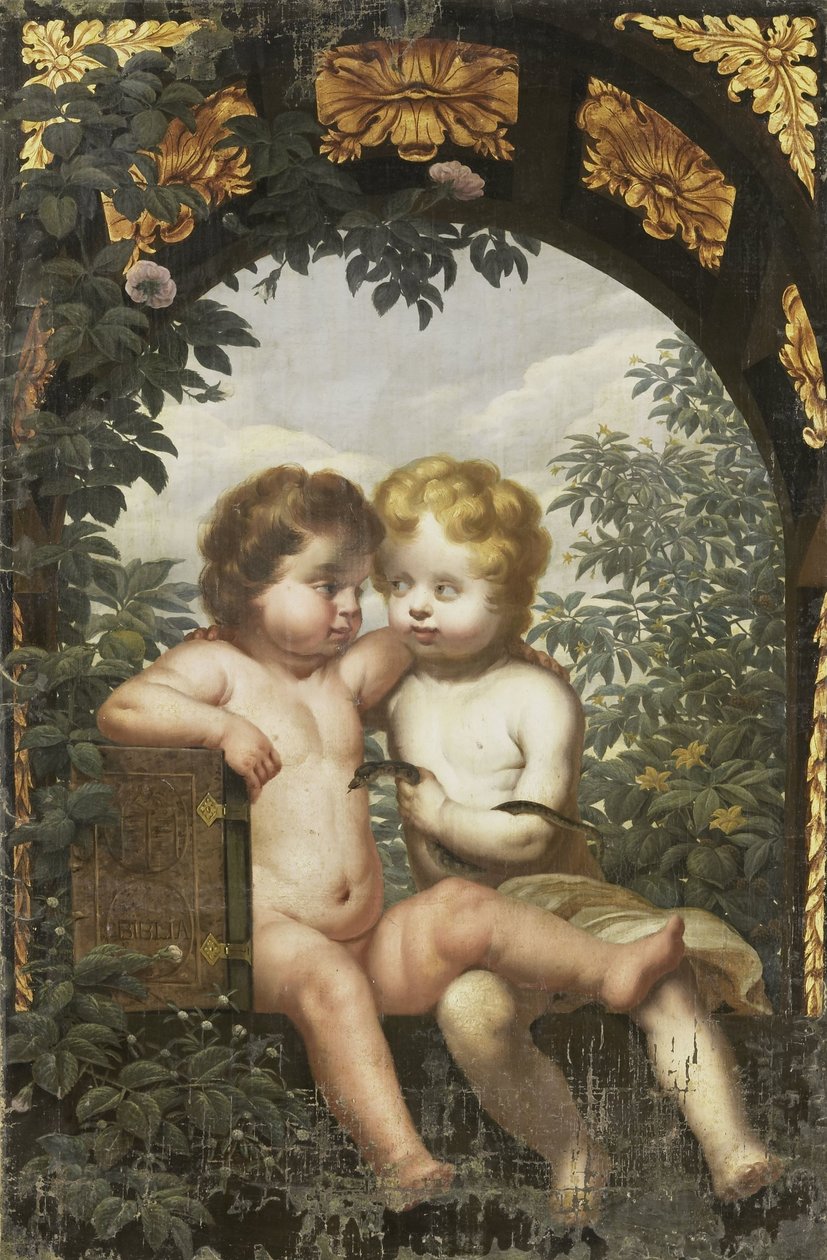 Christelijke allegorie met twee kinderen met een bijbel en een slang door Anonymous