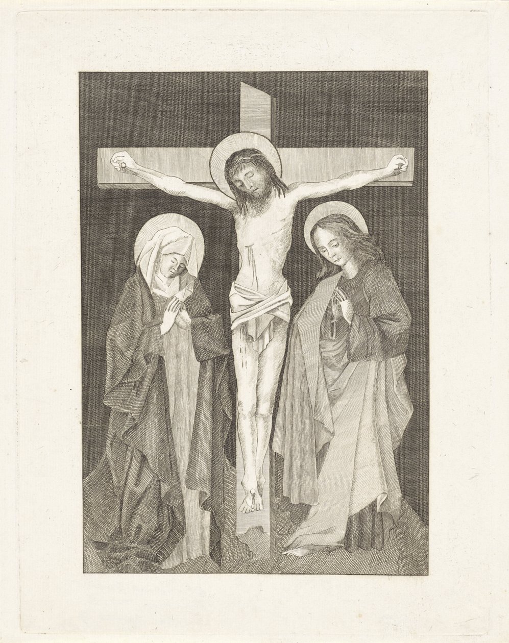 Christus aan het kruis, aan weerszijden Maria en Johannes door Anonymous