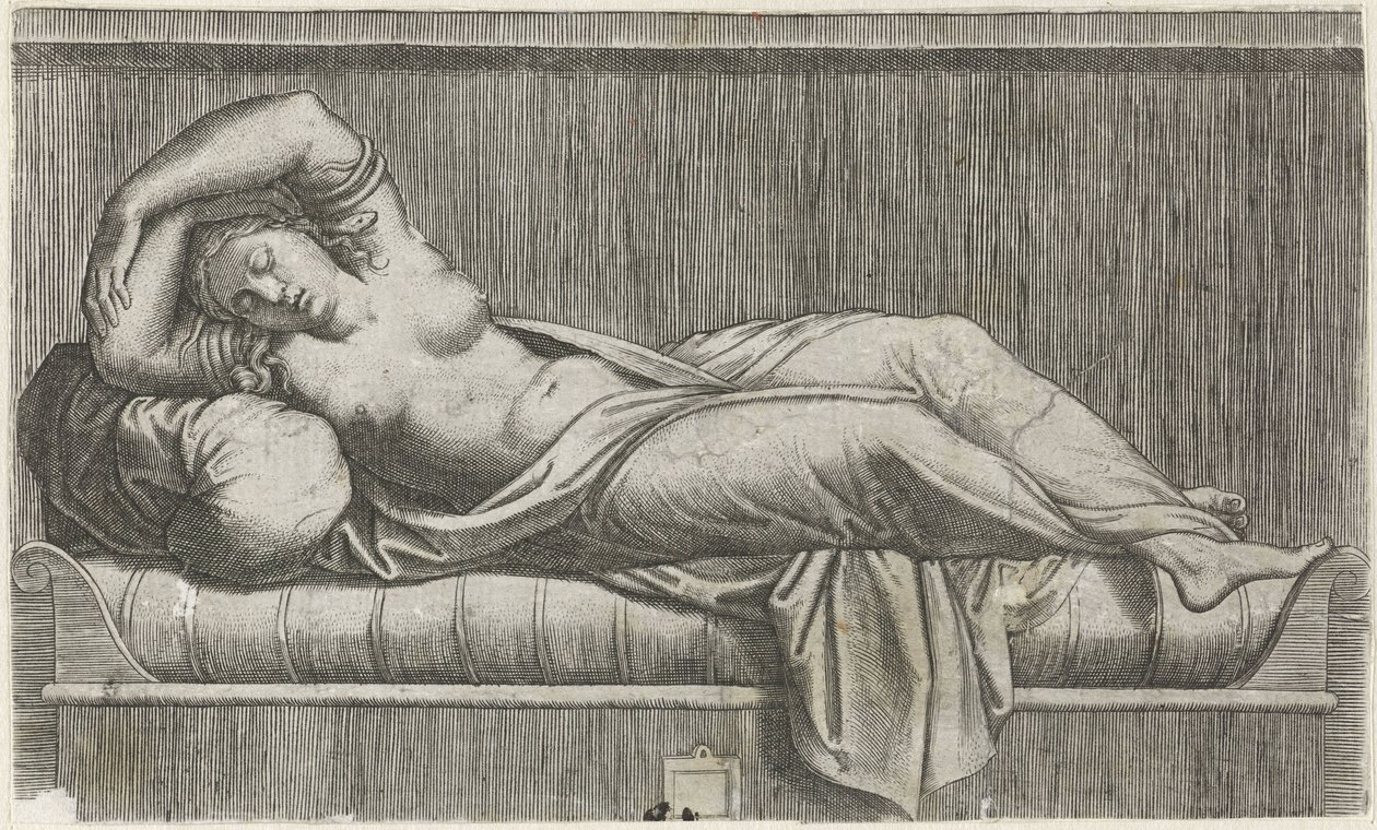 Cleopatra halfnaakt liggend op bed door Anonymous