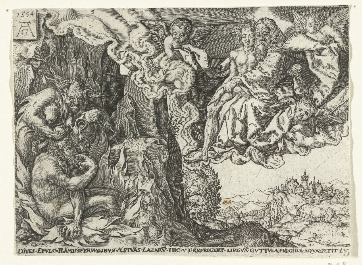 De rijke man in de hel ziet Abraham met Lazarus door Anonymous