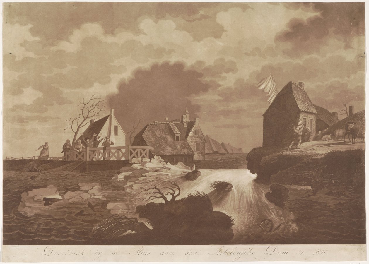 Doorbraak van de Arkelse dam bij Gorinchem, 1820 (title on object) door Anonymous