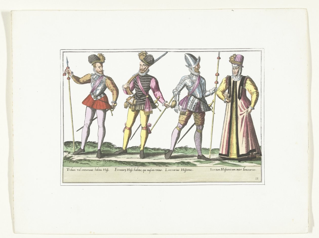 Drie Spaanse militairen in uniform en een marketentster, ca. 1580 door Anonymous