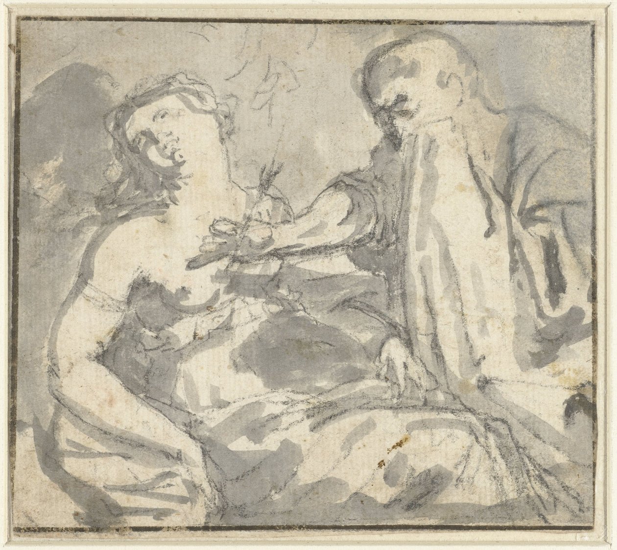 Een man verwijdert een pijl uit de borst van een vrouw (Cephalus en Procris?) door Anonymous