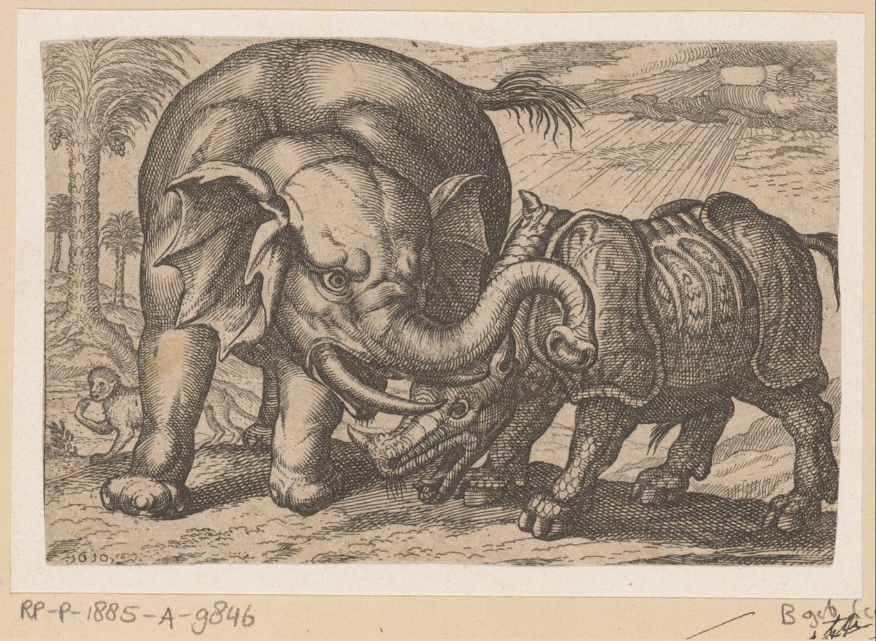 Een neushoorn vecht met een olifant door Anonymous