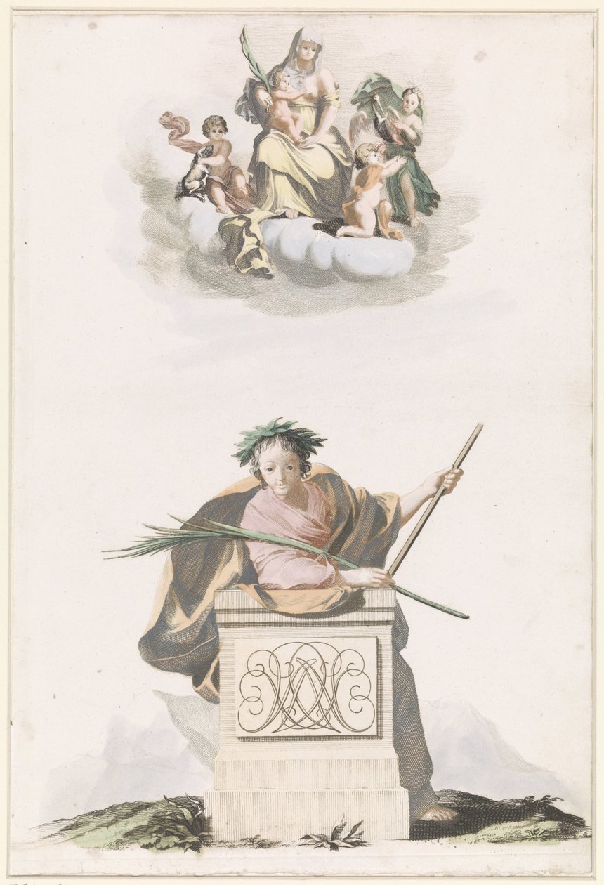 Figuur leunend op een stenen pilaar met initialen en Maria op de wolken door Anonymous