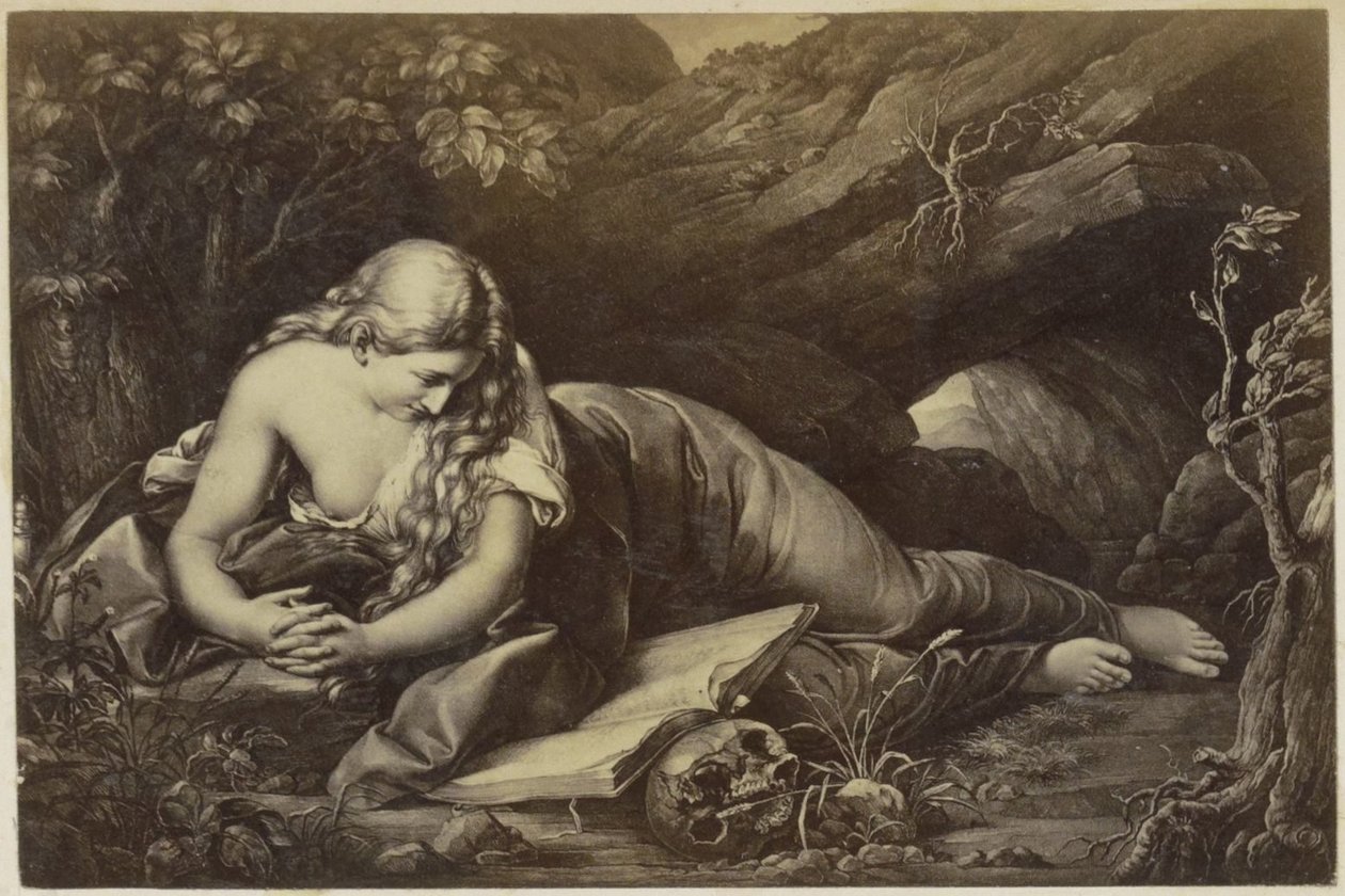 Fotoreproductie van (vermoedelijk) een prent van een biddende Maria Magdalena in de wildernis door Anonymous