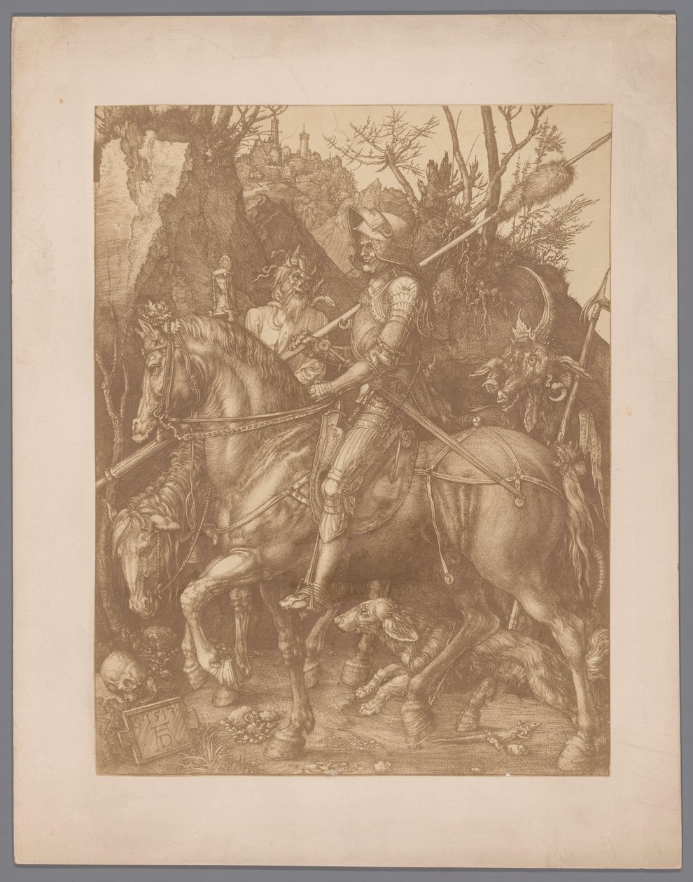 Fotoreproductie van de gravure Ridder, Dood en Duivel door Albrecht Dürer door Anonymous