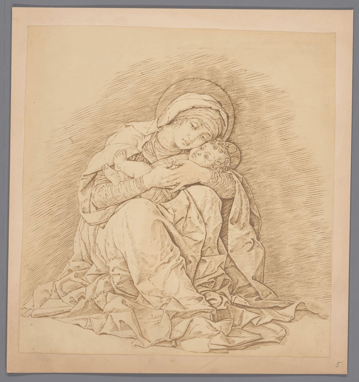 Fotoreproductie van de gravure Zittende Maria met kind door Andrea Mantegna door Anonymous