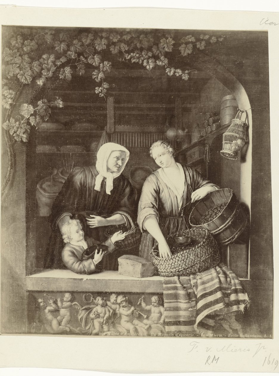 Fotoreproductie van het schilderij De kruidenierster door Frans van Mieris II door Anonymous