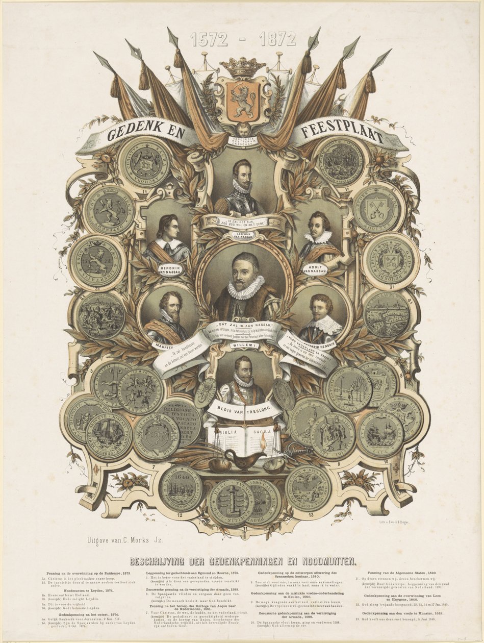 Gedenk- en feestplaat met portretten van Willem I, prins van Oranje, zijn zoons Maurits en Frederik Hendrik, prinsen van Oranje, zijn broers Lodewijk, Adolf en Hendrik, graven van Nassau, en Willem Bloys van Treslong door Anonymous