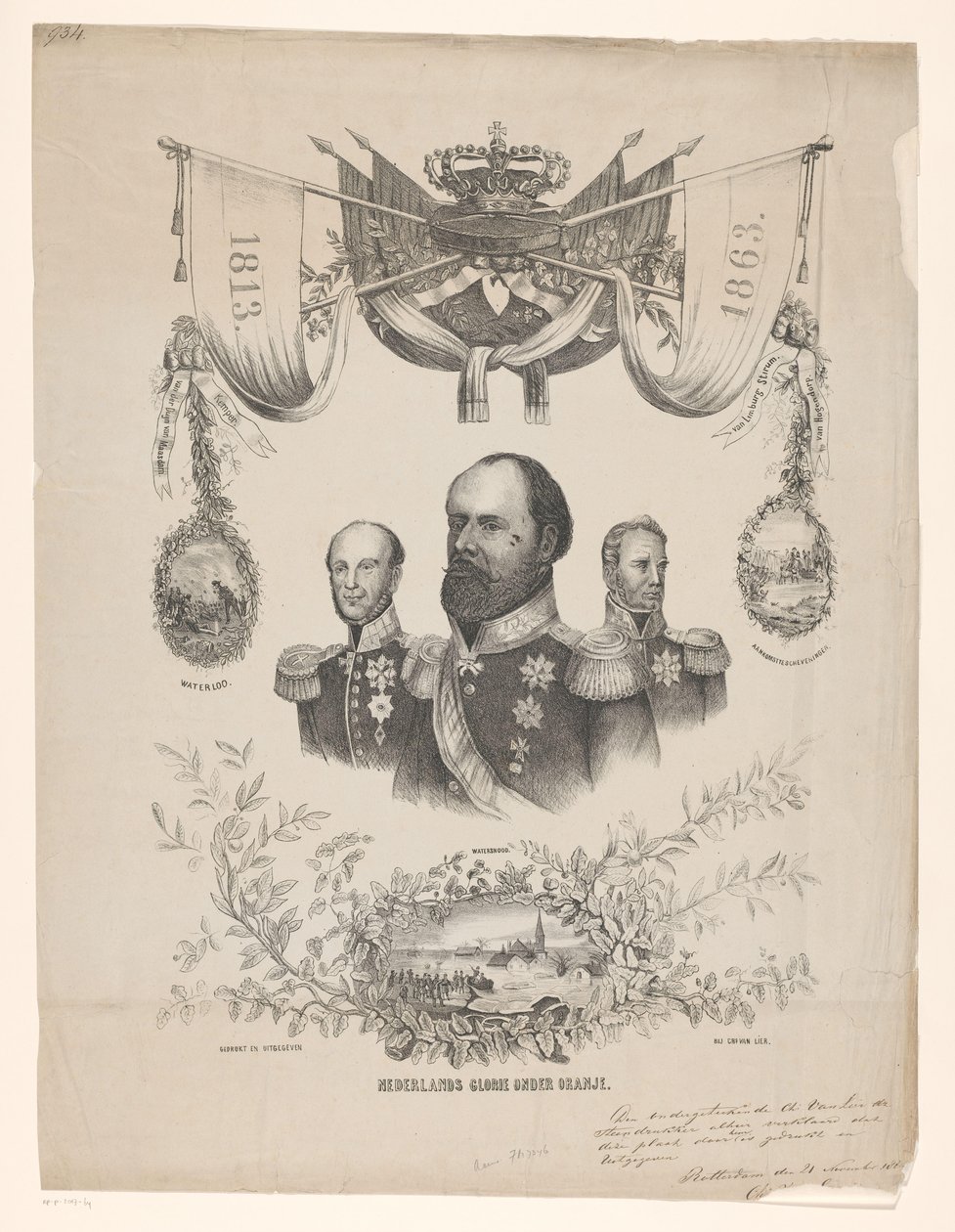 Gedenkplaat ter gelegenheid van Nederlands 50-jarig onafhankelijkheid met portretten van Koningen Willem I, II en III door Anonymous