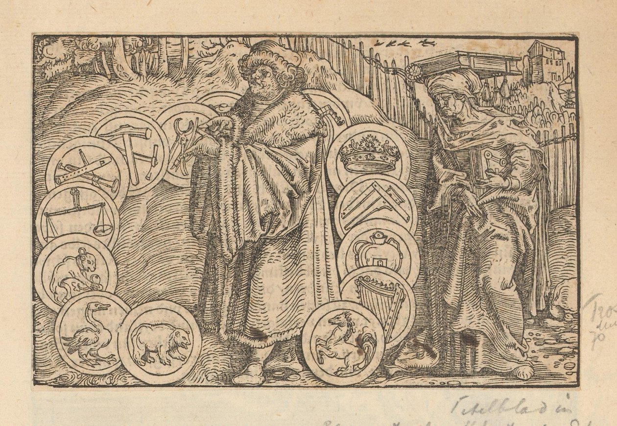 Geleerde omringd door emblemen met heraldiek en de personificatie van Wijsheid door Anonymous