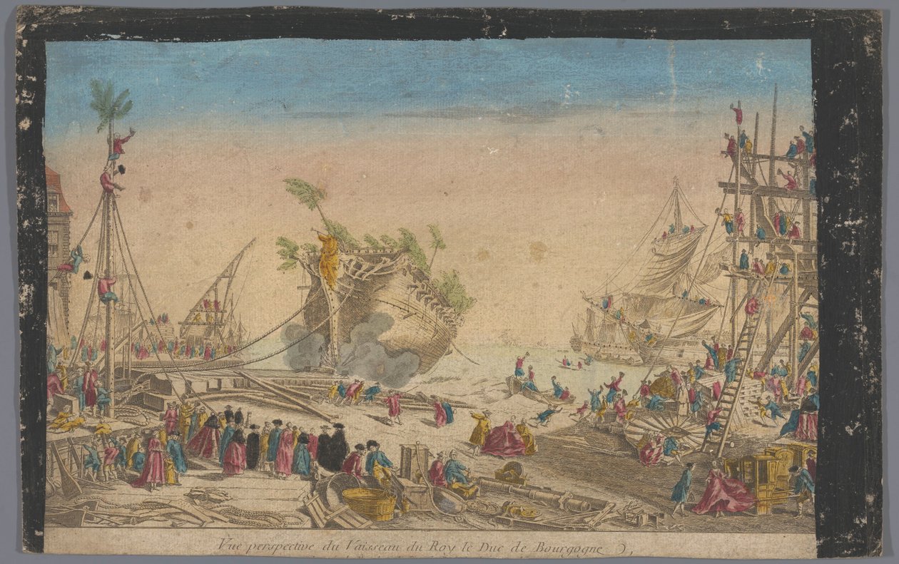 Gezicht op de haven te Rochefort met het aflopen van het schip de Duc de Bourgogne op 20 oktober 1751 door Anonymous