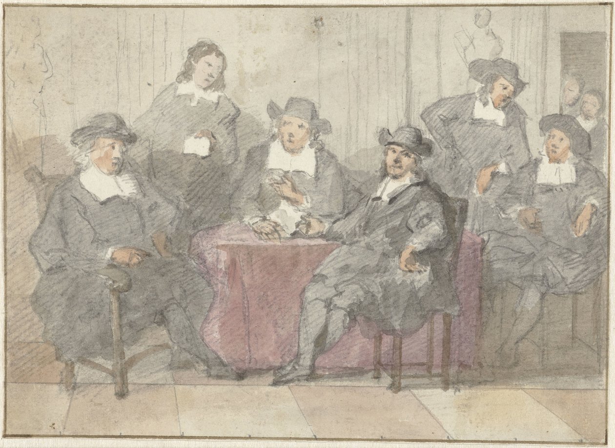 Groepsportret van zes heren zittend en staand rond een tafel door Anonymous