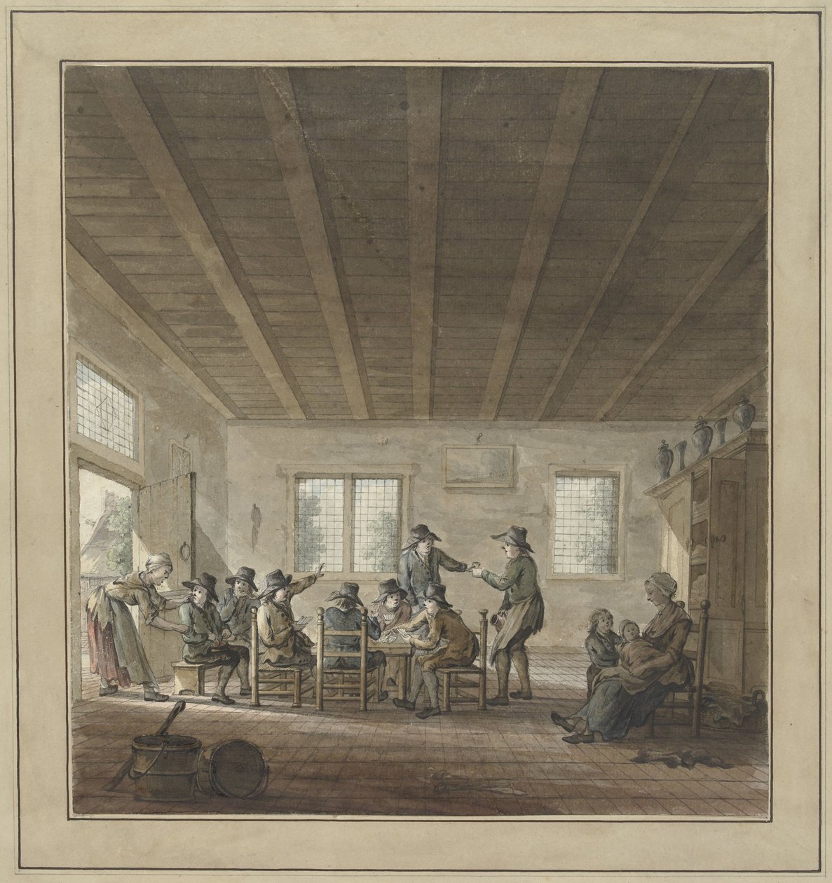 Herberginterieur met een groep kaartende en drinkende boeren door Anonymous
