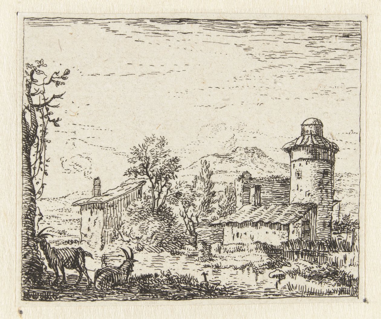 Italianiserend landschap met ronde toren en twee geiten door Anonymous