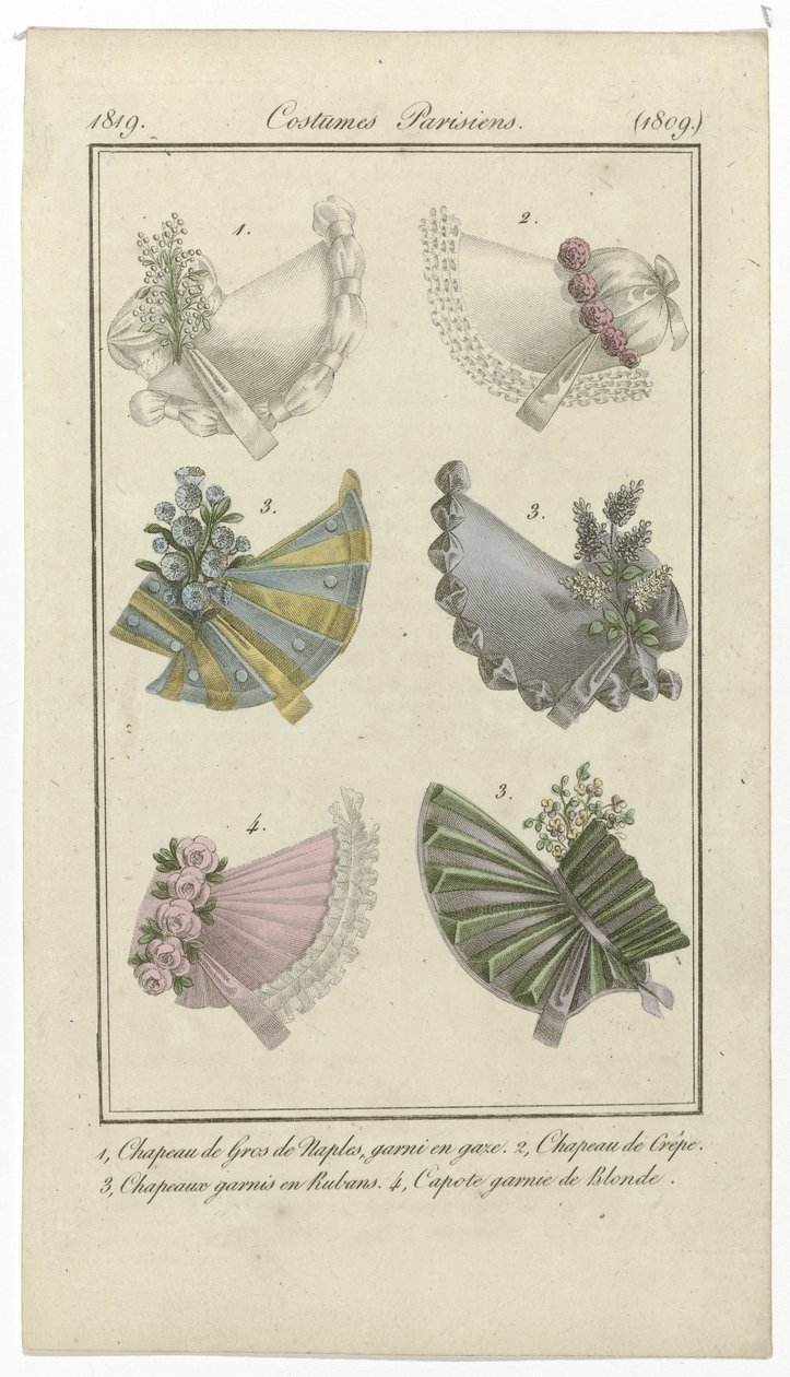 Journal des Dames et des Modes, Parijse Kostuums, 15 april 1819, (1809): 1, Hoed van Gros de Naples door Anonymous