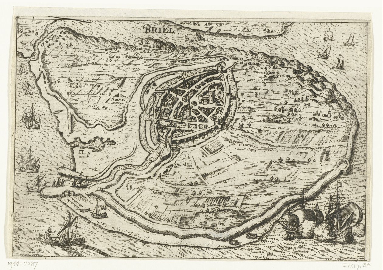 Kaart van het eiland Voorne en plattegrond van Brielle, 1572 door Anonymous