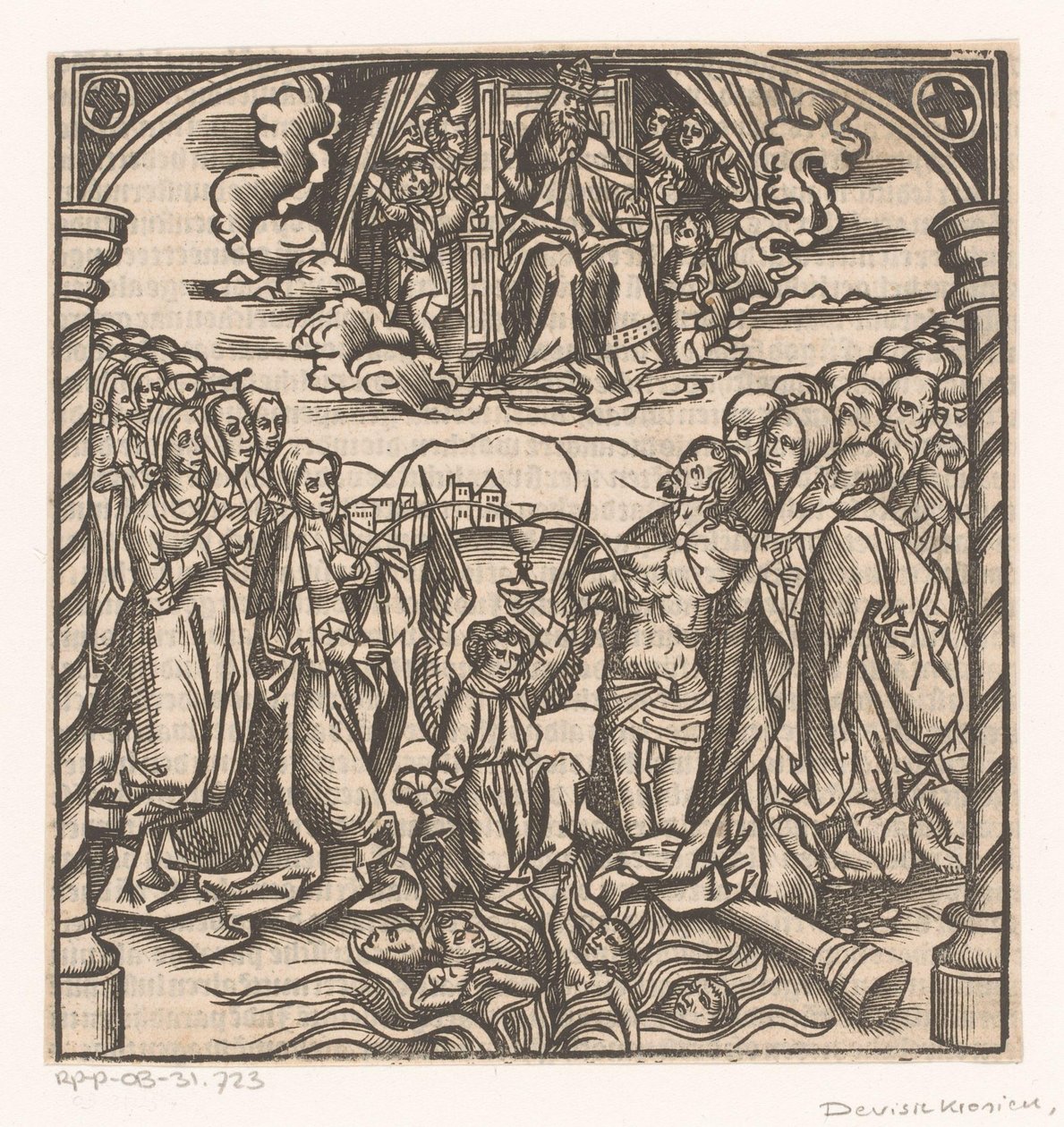 Knielende engel een straal bloed van Christus en een straal melk van Maria in een kelk vangend door Anonymous