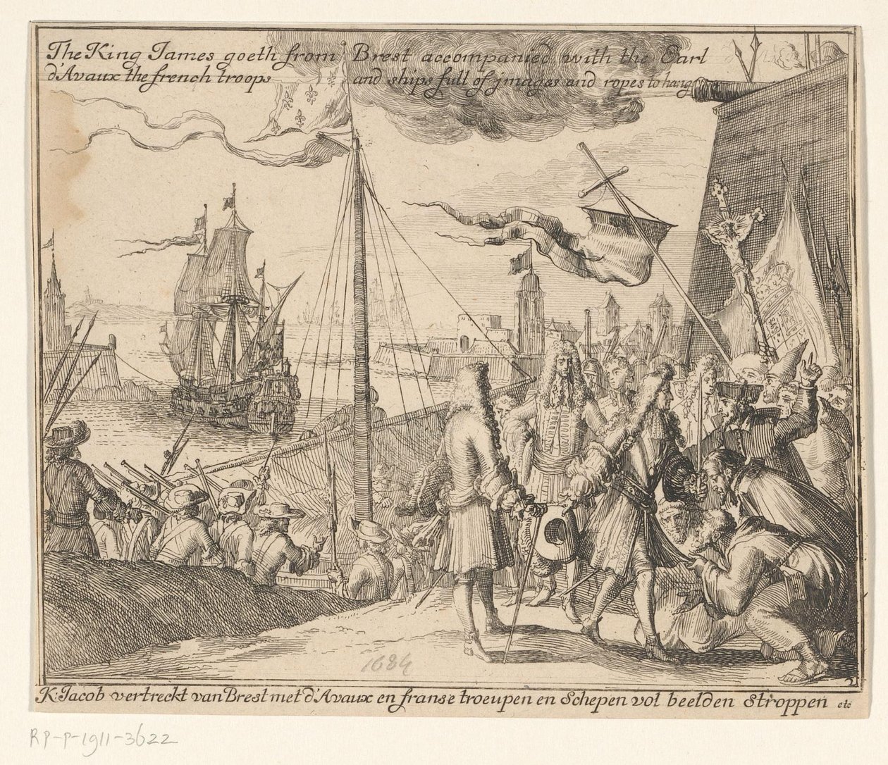 Koning Jacobus II vertrekt met Franse troepen vanuit Brest naar Ierland, 1689 door Anonymous