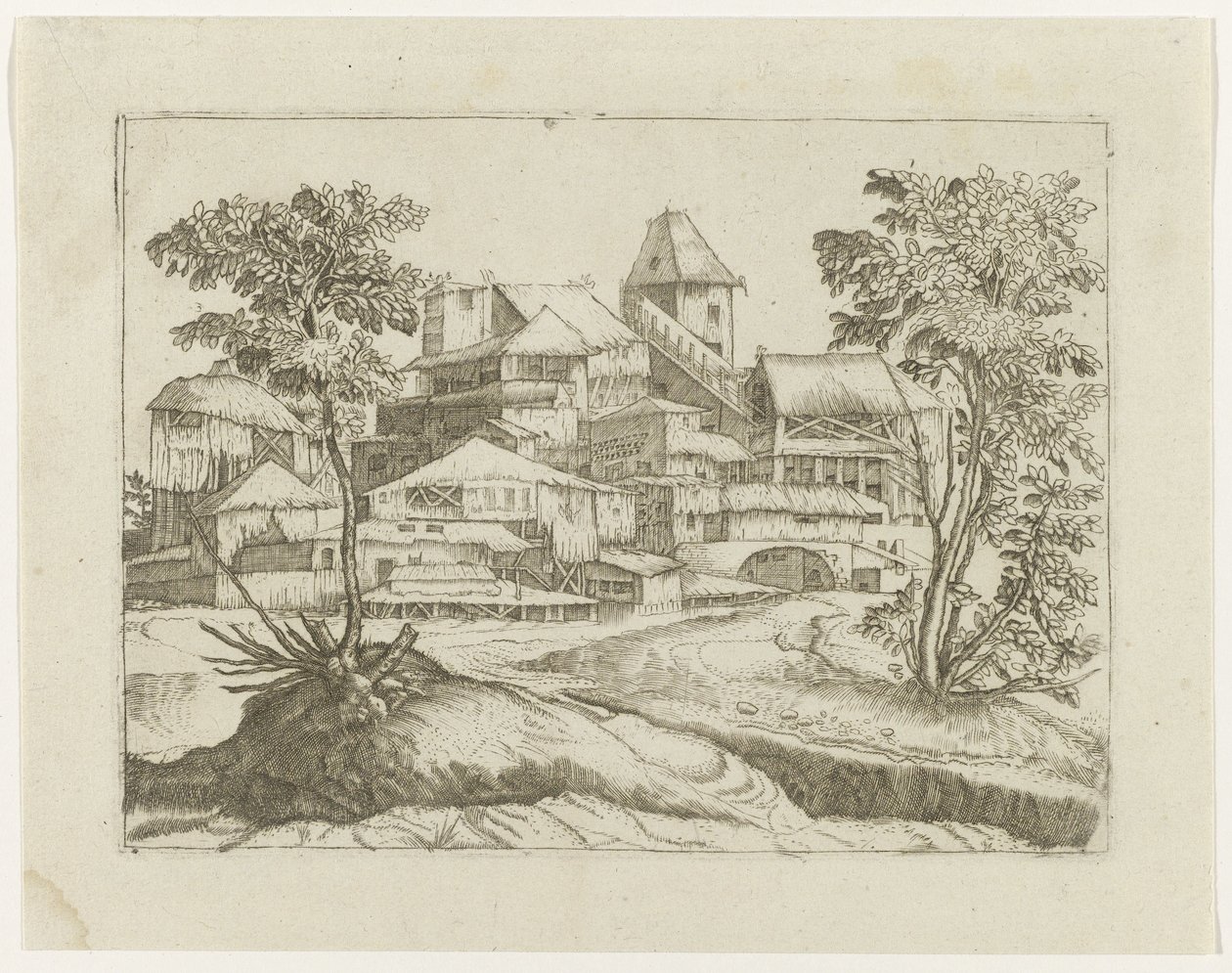 Landschap met bomen en bouwwerken door Anonymous