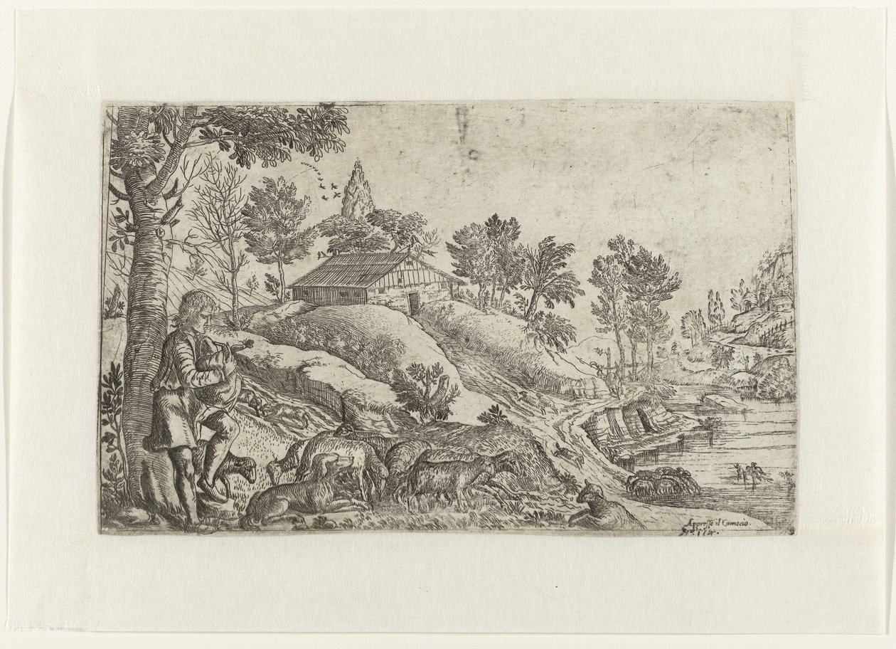 Landschap met doedelzak spelende herder door Anonymous