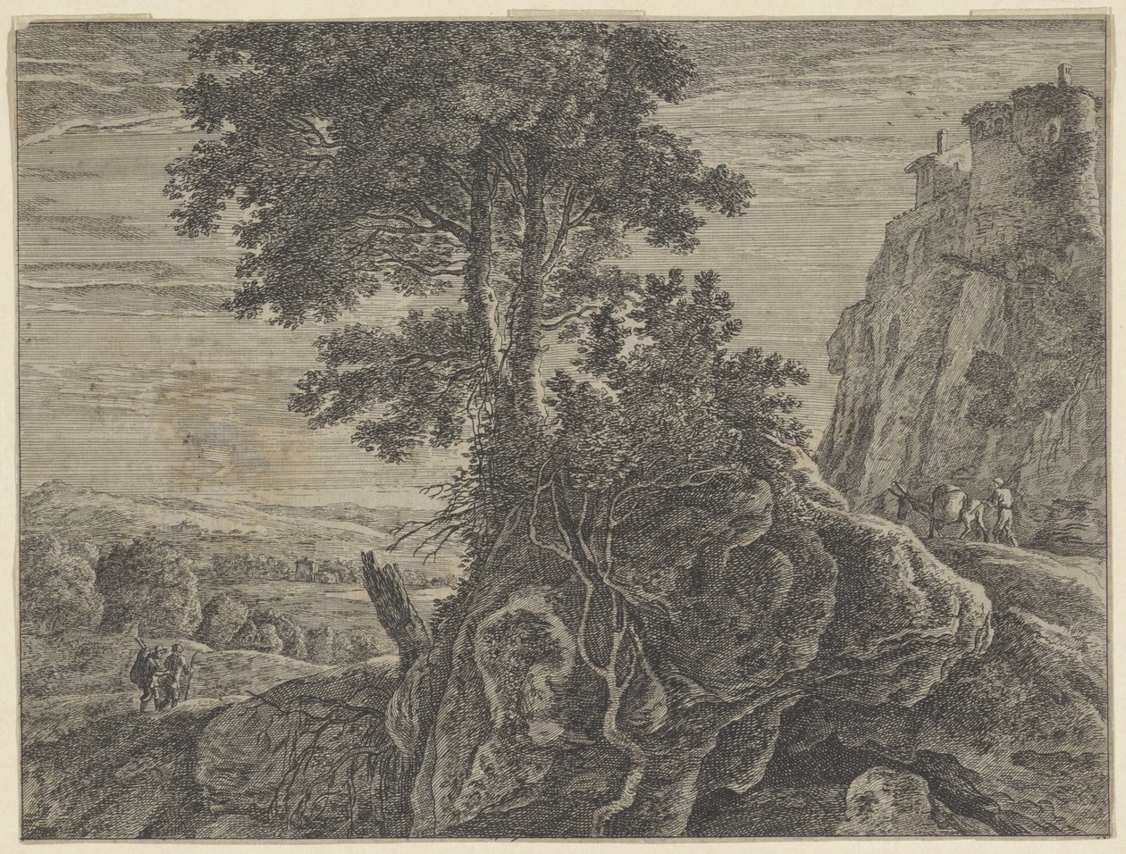 Landschap met een gebouw op een rots door Anonymous