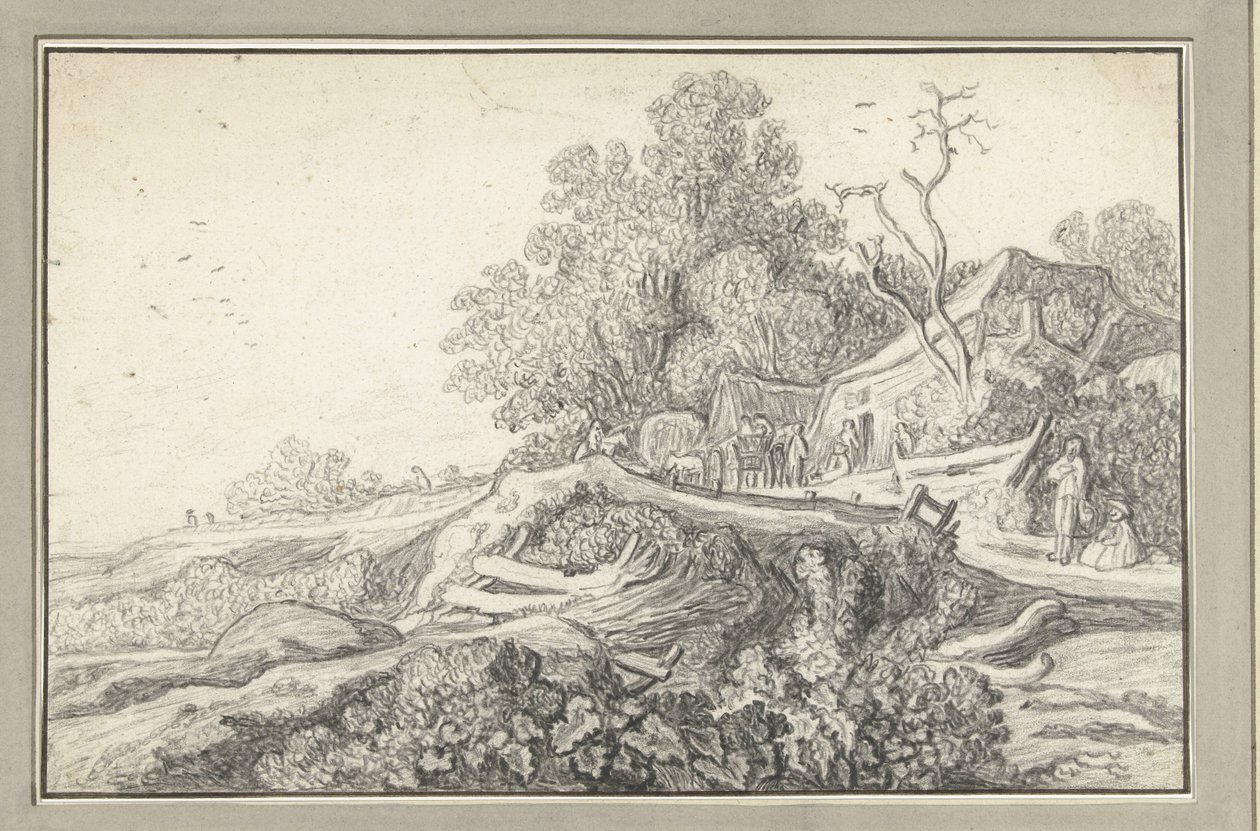 Landschap met een kar en figuren bij een boerderij door Anonymous