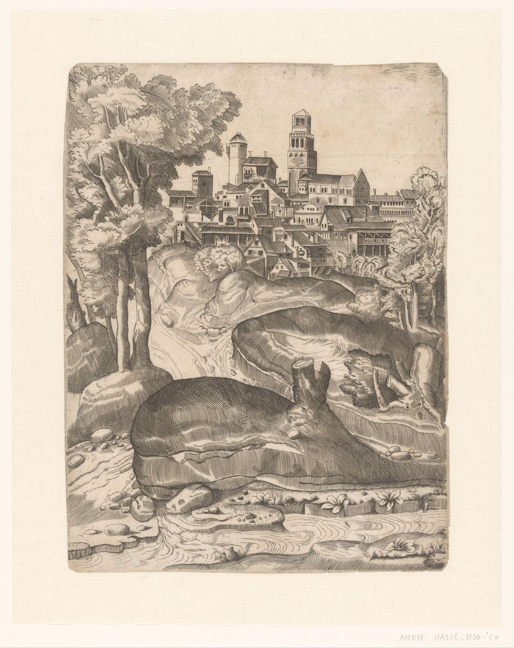 Landschap met een rivier en een stad op een heuvel door Anonymous