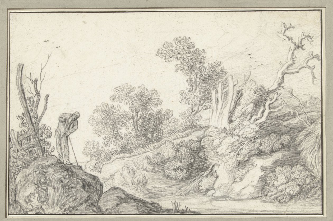 Landschap met kale boom en man met stok door Anonymous
