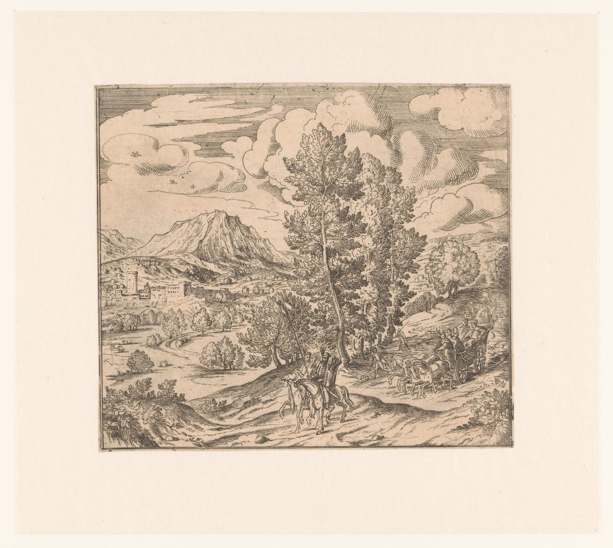 Landschap met twee ruiters en een reiswagen door Anonymous
