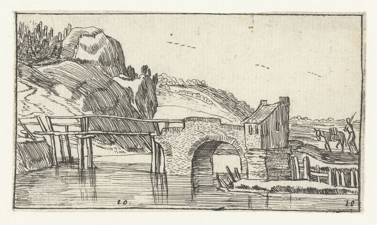 Man drijft een ezel richting een brug Landschappen naar Esaias van de Velde (series title) door Anonymous