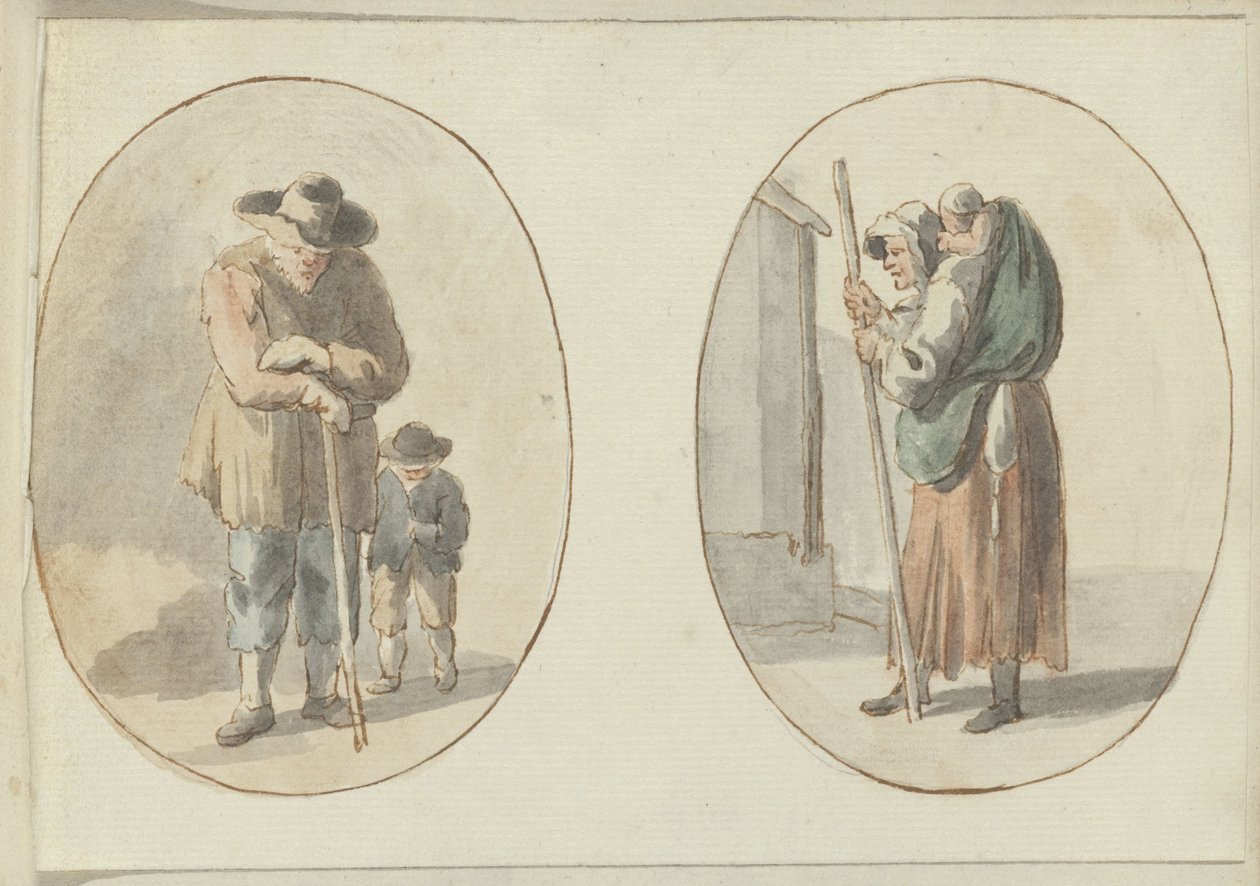 Man met kind en vrouw met kind op de rug door Anonymous