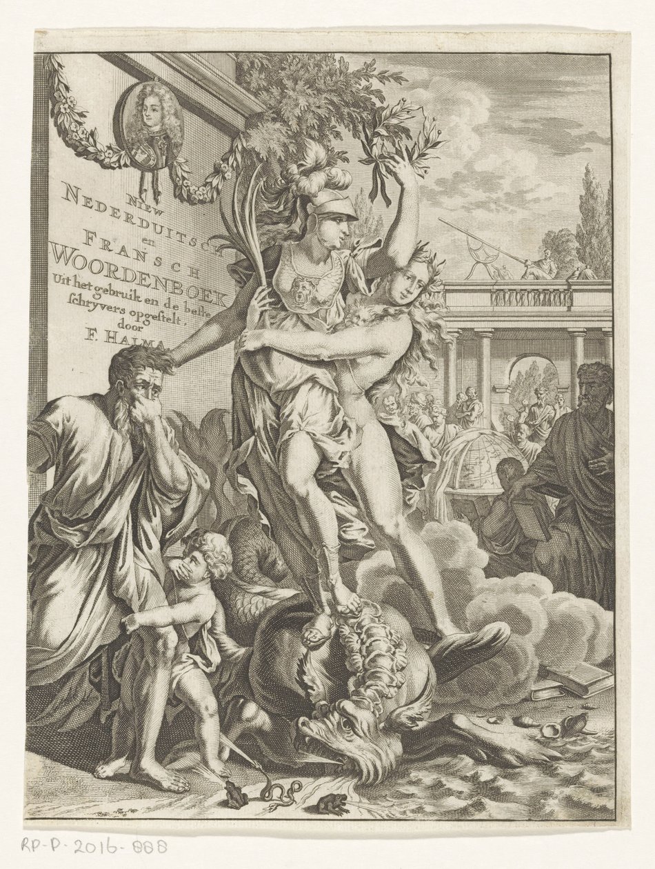 Minerva vertrapt vuurspuwend zeemonster door Anonymous