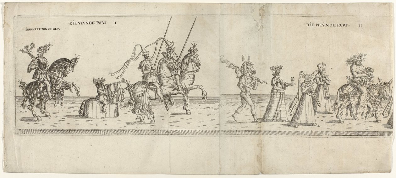 Optocht met verklede personages, waaronder ruiter Bernhart von Ahren, een ezel met een spit, Janus, Bacchus op een ezel en twee muzikanten (Die neunde Part I en II) door Anonymous