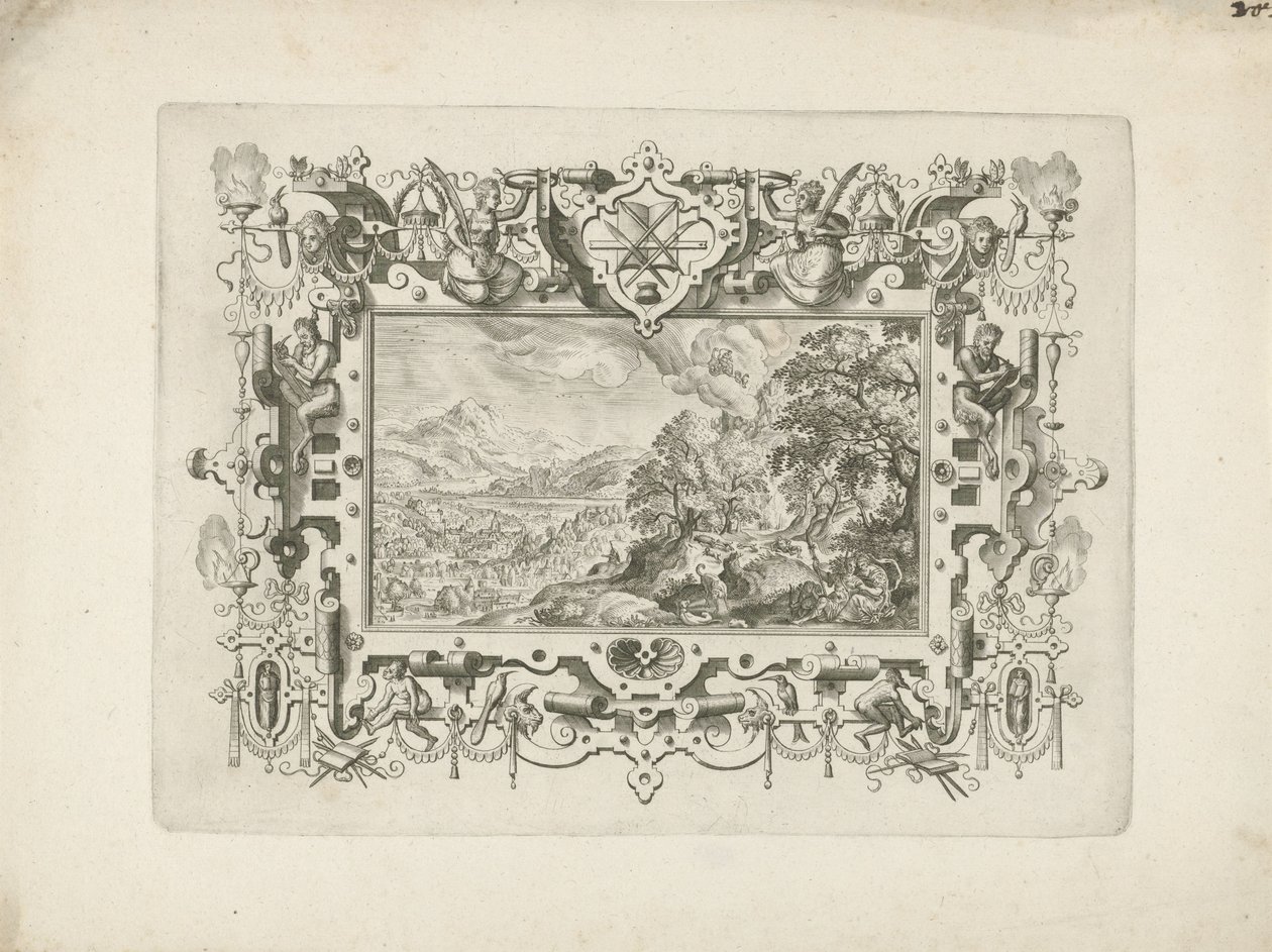 Ornamentomlijsting met rolwerk en figuren, waarin landschap met Venus en Adonis door Anonymous
