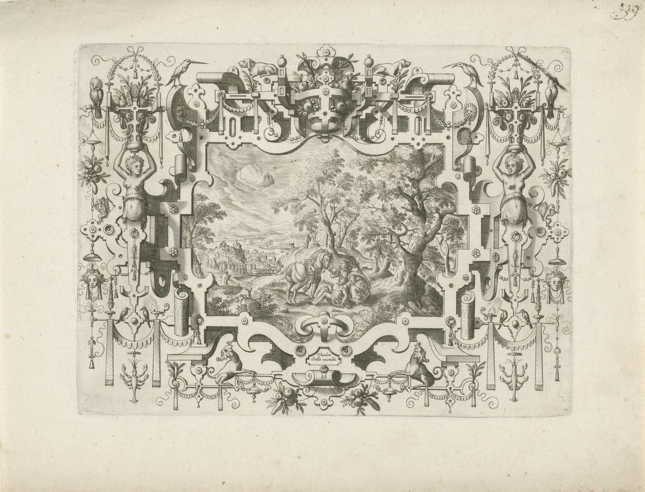 Ornamentomlijsting met rolwerk en figuren, waarin landschap met de Barmhartige Samaritaan door Anonymous