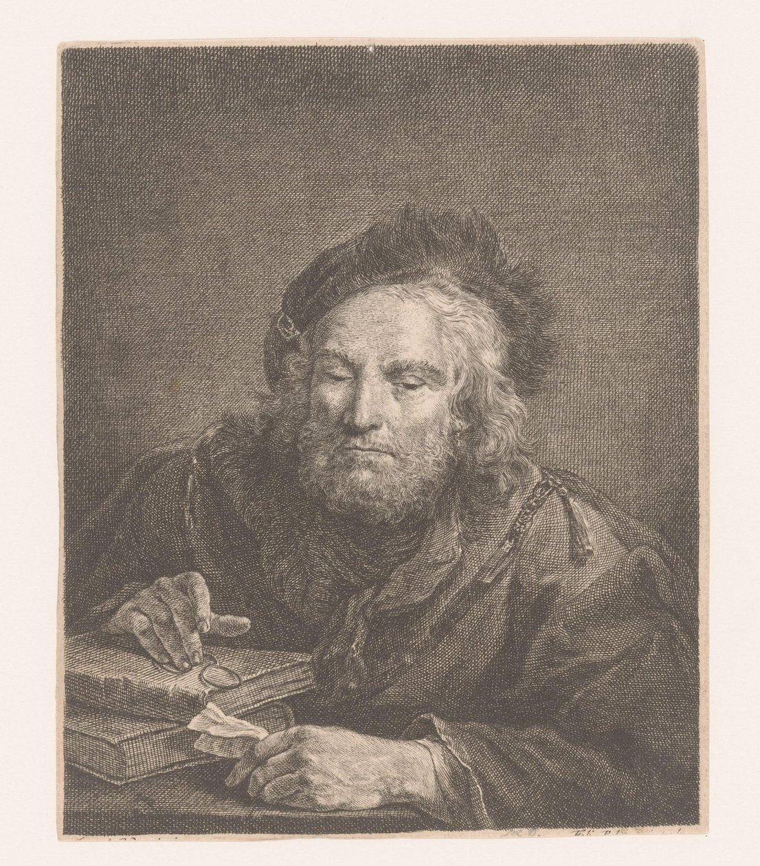 Oude man met boeken en een bril door Anonymous