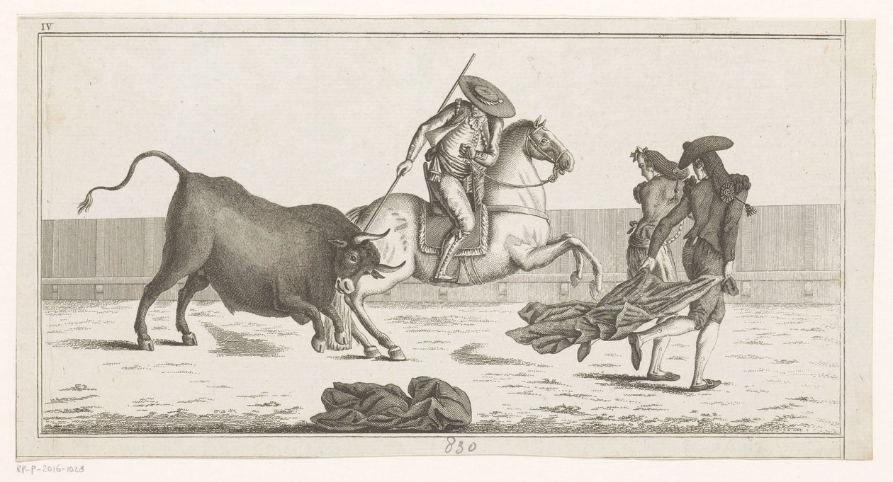 Picador steekt zijn lans in een stier (Verzameling van de belangrijkste manoeuvres bij het stierenvechten) door Anonymous