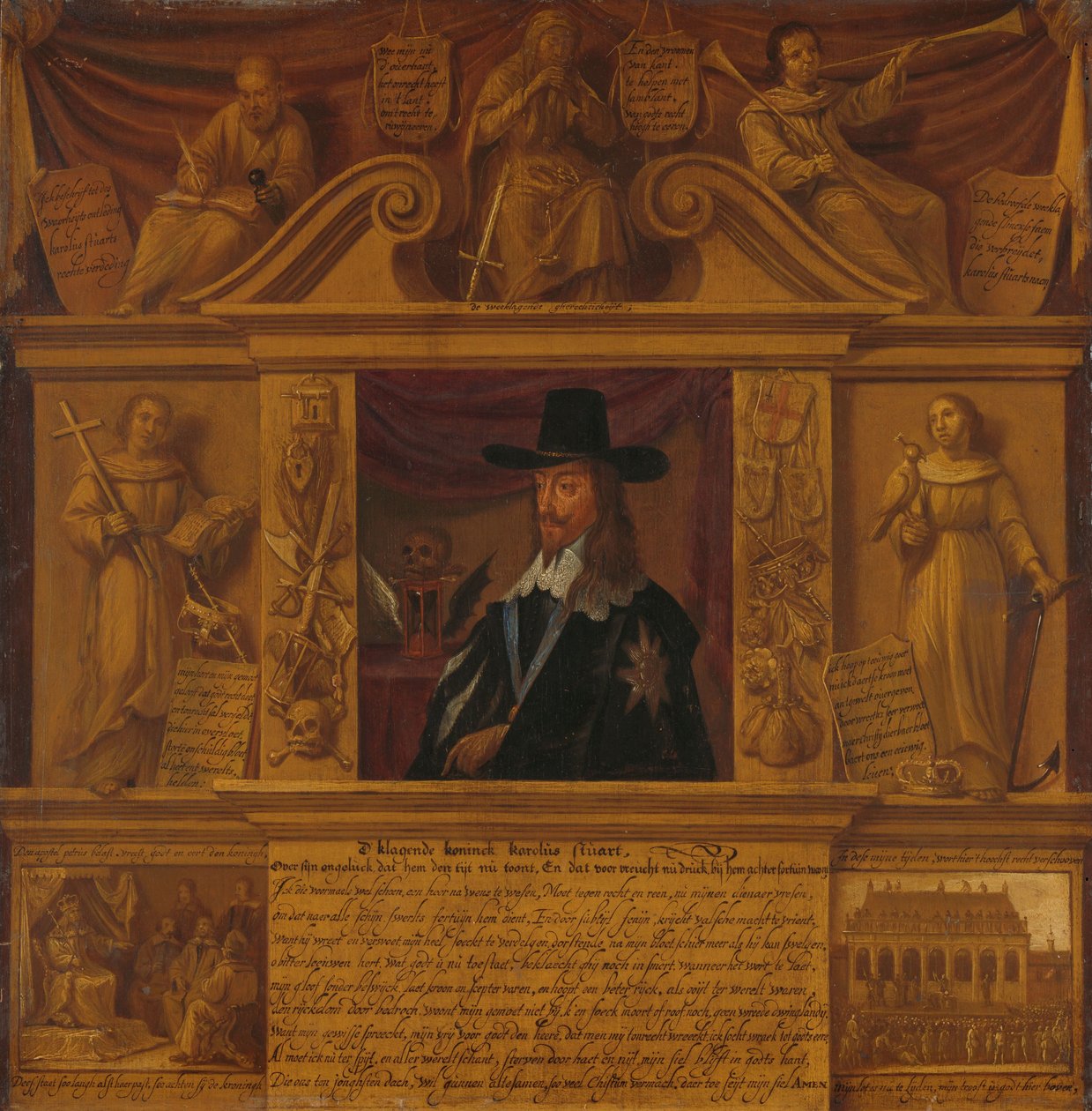 Portret van Karel I, koning van Engeland, in een lijst met allegorische figuren en historische voorstellingen door Anonymous