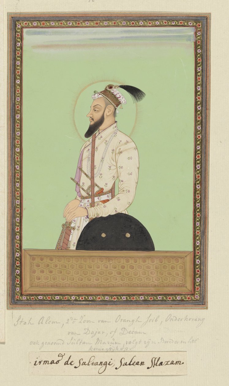 Portret van Shah Alam, zoon van Aurangzeb die na Sultanji werd geboren; hij is eerst gouverneur (subagar) van Deccan geweest; nadat hij vervolgens ten strijde was getrokken tegen Sambaji, de zoon van Sivaji, heeft hij zich nu gekeerd tegen Sultan Abu