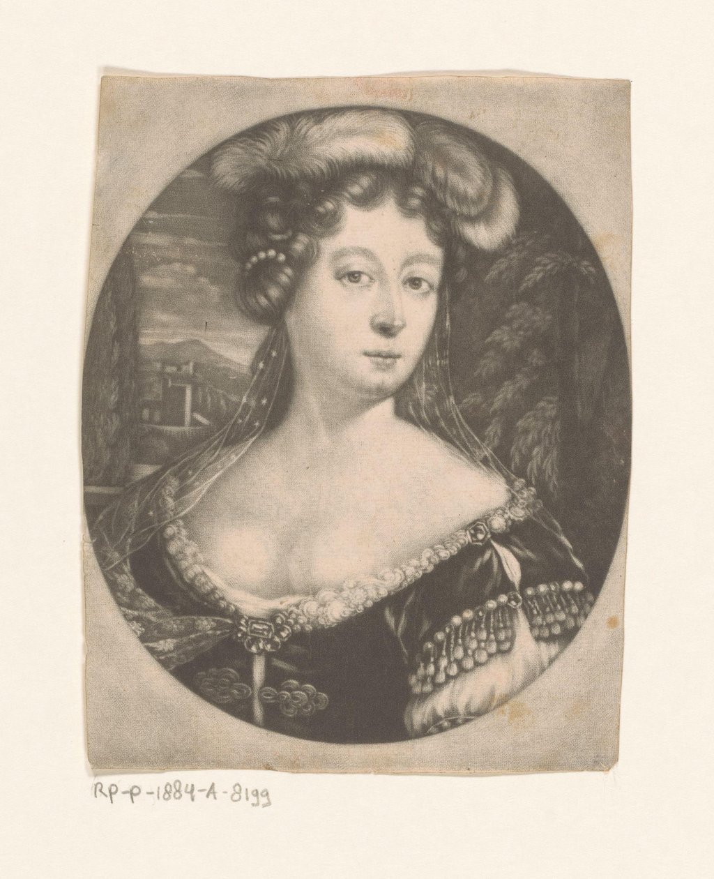 Portret van een onbekende vrouw met veren en parels in het haar en jurk met edelstenen door Anonymous