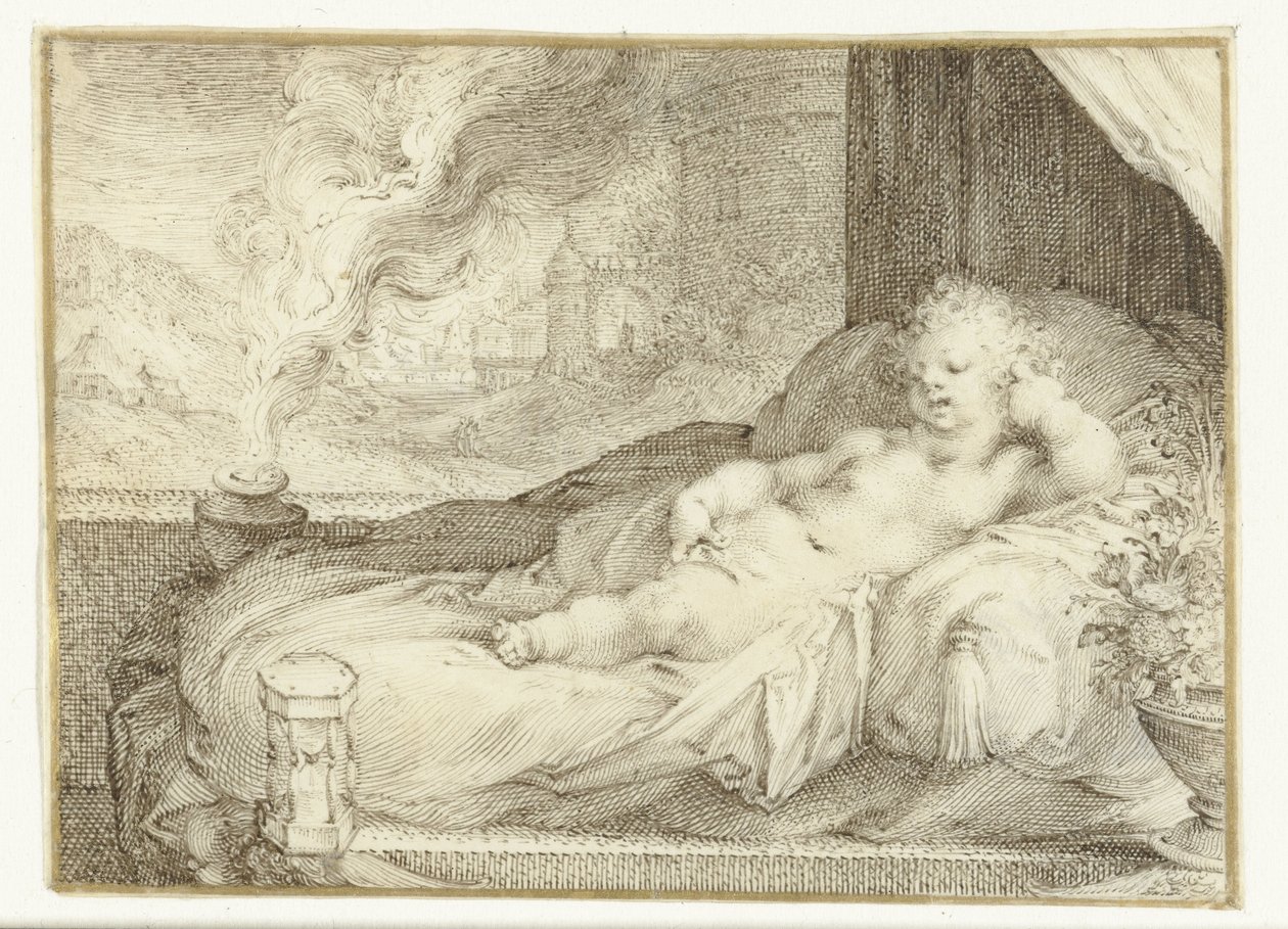 Putto liggend op een bank door Anonymous